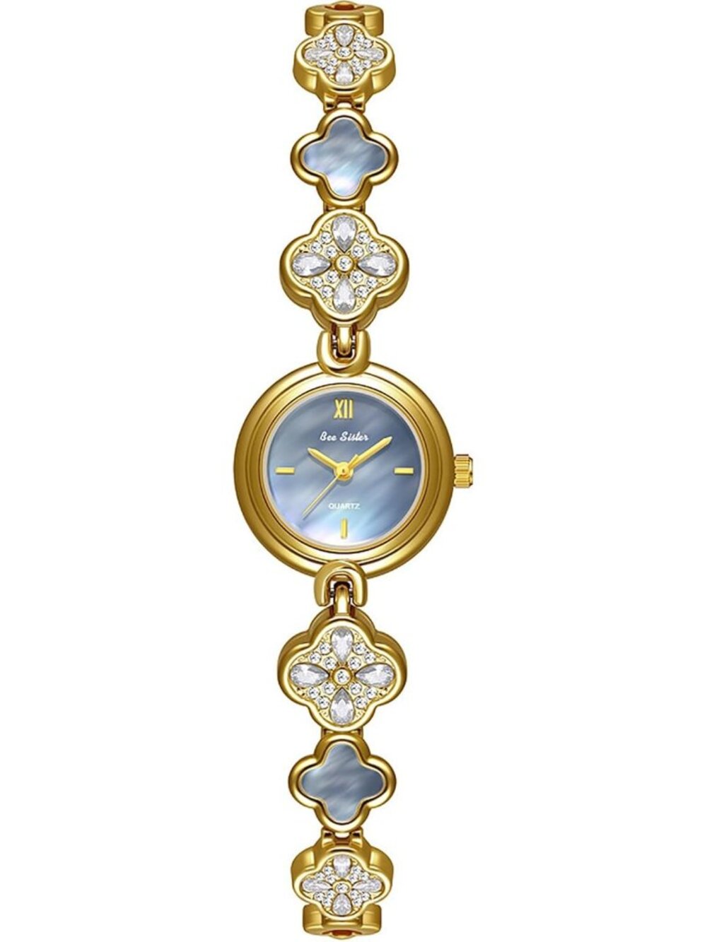 Women's Gold Blue Luxury Ladies Hollow Four Leaf Grass Bracelet Chain Watches